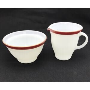 Vintage Pyrex Cream and Sugar Set NO LID Burgundy Red Gold Milkglass Creamer